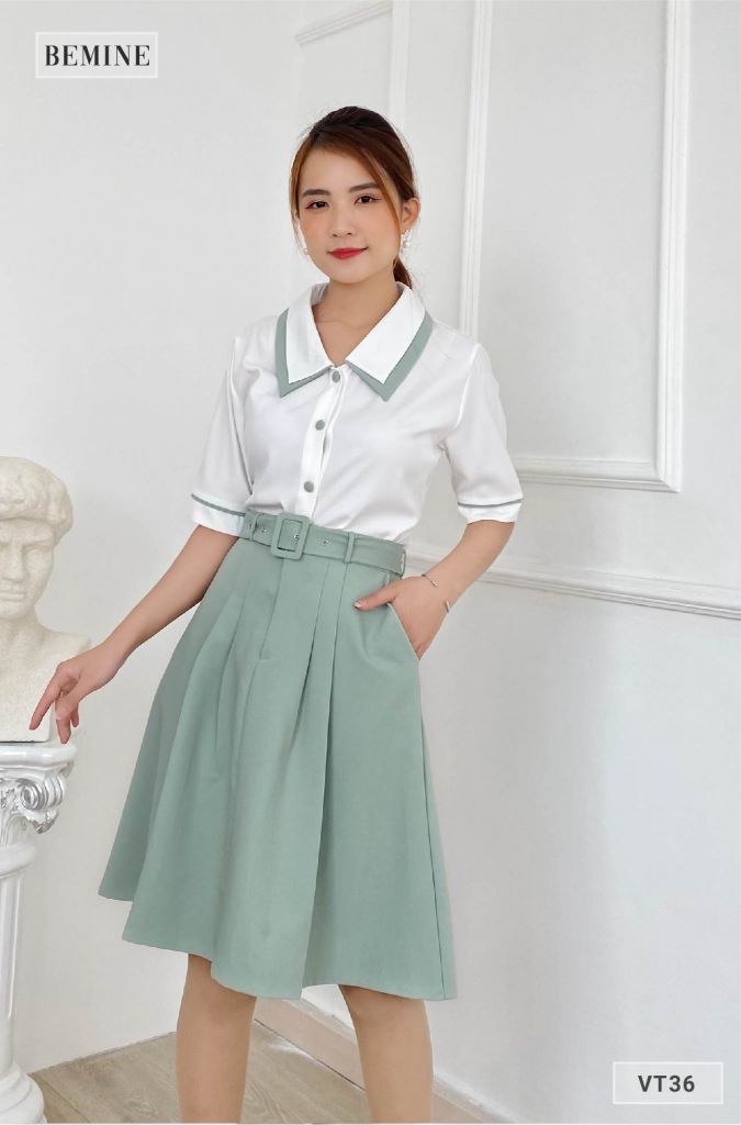 VT36XANH - Chân váy suông xếp ly tùng