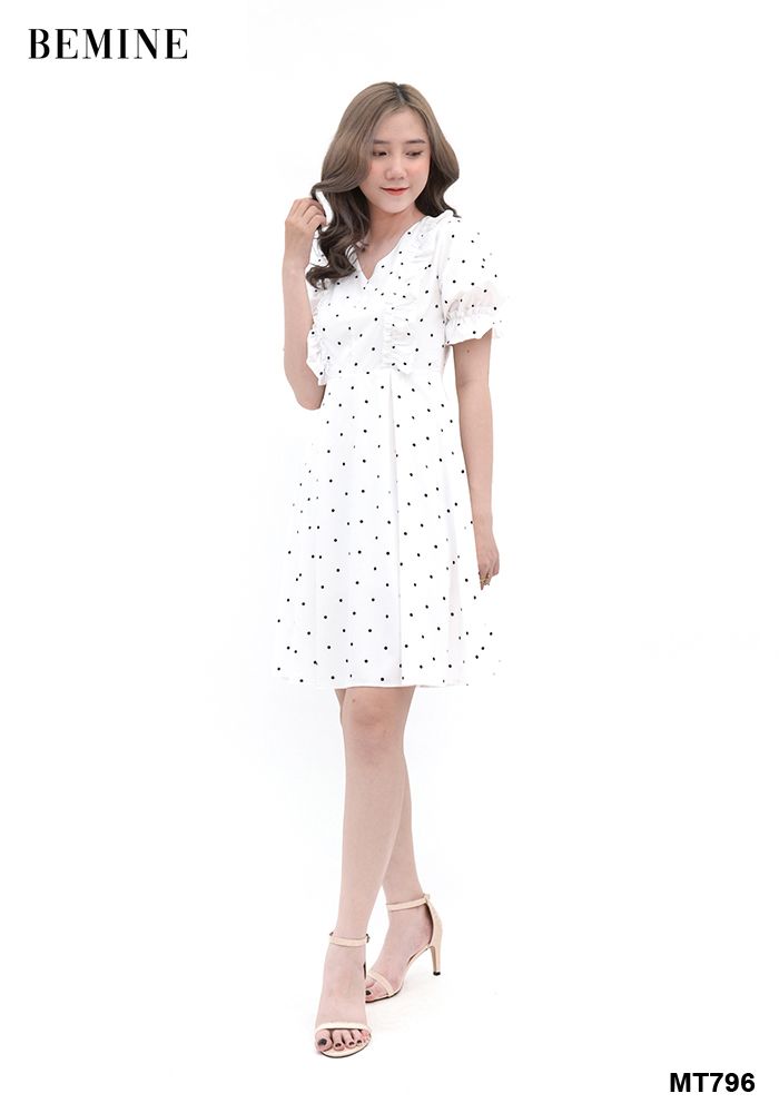 MT796TRANG - Đầm bi trắng đen 2 lớp bèo ngực