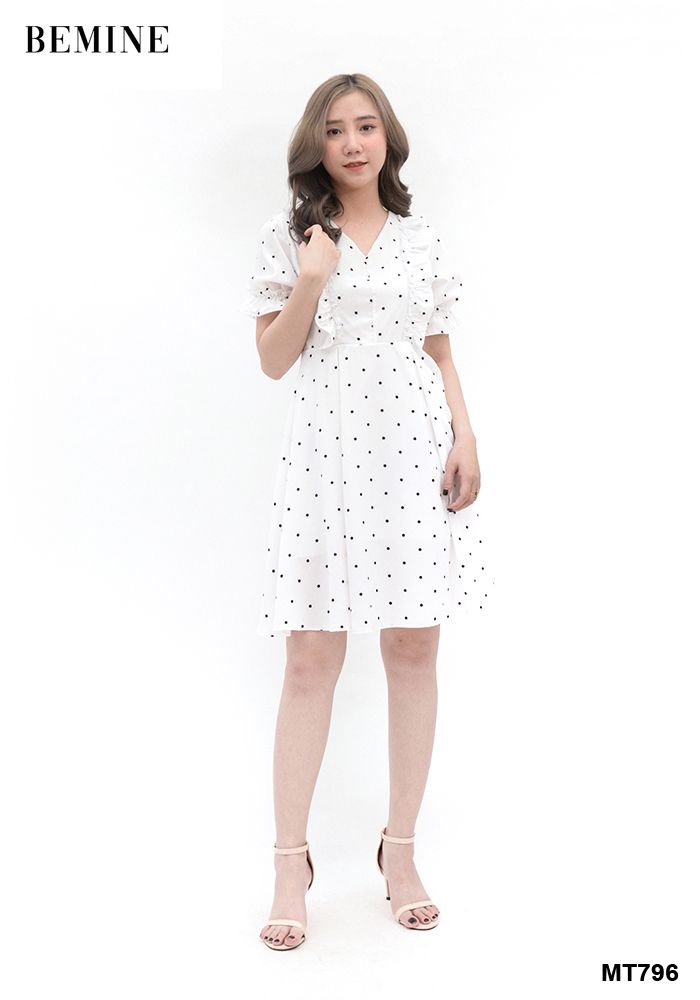MT796TRANG - Đầm bi trắng đen 2 lớp bèo ngực
