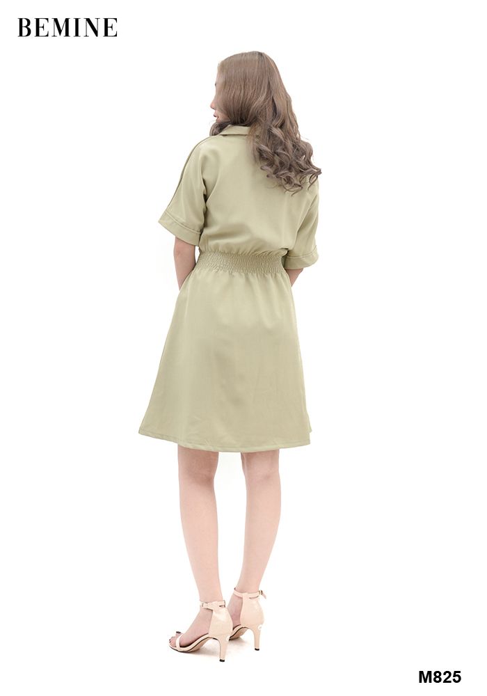 M825 - Đầm xanh chỉ thun eo đính nút