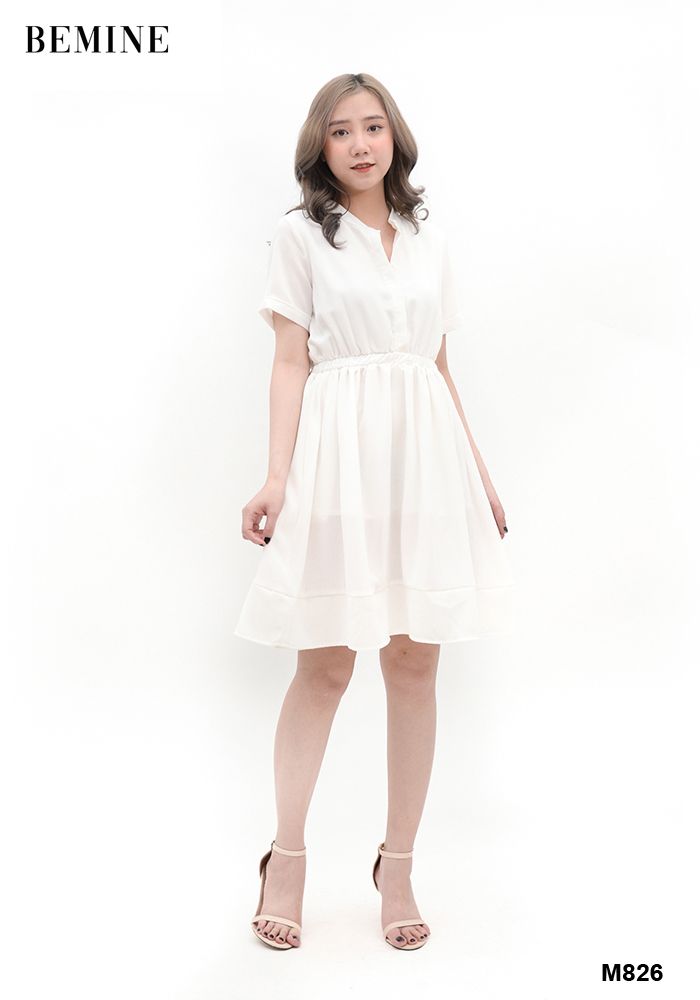 M826 - Đầm trắng 2 lớp trụ nút thun eo