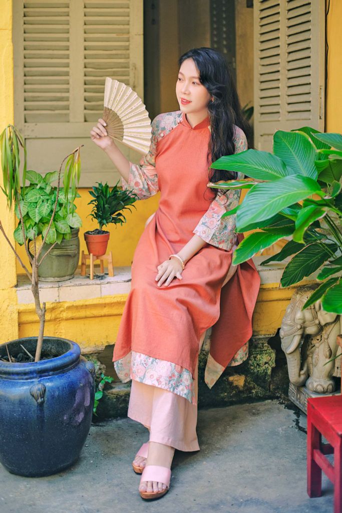 Áo dài linen Khả Lan cổ đứng