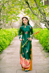 Áo dài Truyền thống Khảm Hoa Cát Tường - Xanh lông công