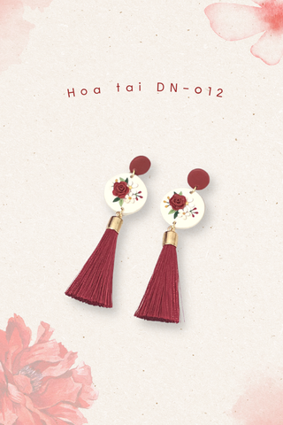 Hoa tai DN-012 Đất Nung Lạc Hoa Bính đỏ phối dây tua rua