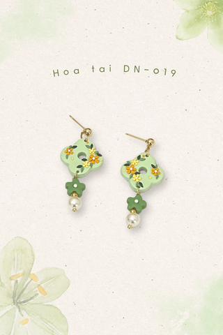 Hoa tai DN-019 Đất Nung Lạc Hoa Bính xanh cốm phối hoa 5 cánh hạt ngọc