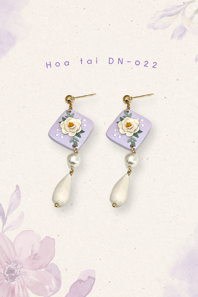 Hoa tai DN-022 Đất Nung Lạc Hoa Bính tím phối hạt ngọc giọt nước