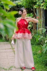 Áo yếm xòe organza Hoa Niên Ca - Đỏ