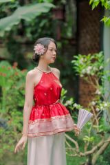 Áo yếm xòe organza Hoa Niên Ca - Đỏ