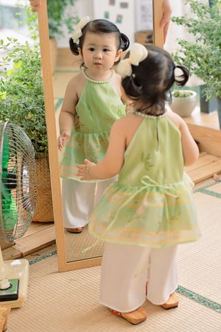 SET Áo yếm xòe organza Hoa Niên Ca BÉ - Xanh cốm