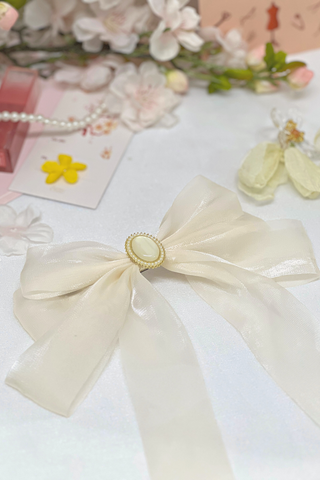 Kẹp tóc KE-052 nơ ba tầng organza trắng đính hạt ngọc vintage