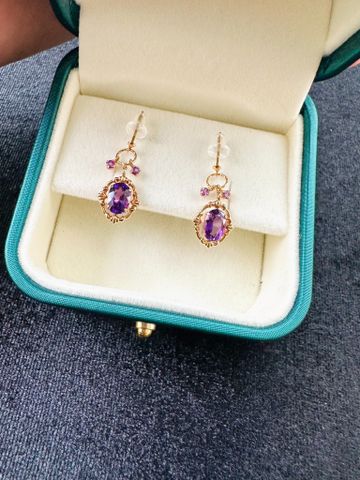 Hoa tai vàng 18K mặt đá Amethyst sz 7x5x2 60917