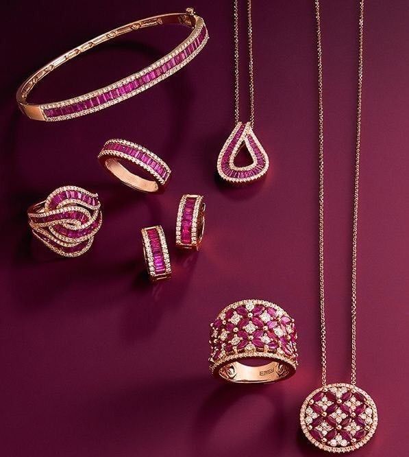 Bộ trang sức dây chuyền, hoa tai, nhẫn, vòng tay vàng - đá Ruby/ hồng ngọc BTS028