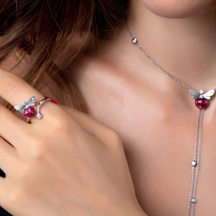 Bộ trang sức dây chuyền, nhẫn kim cương - đá Ruby/ hồng ngọc BTS042