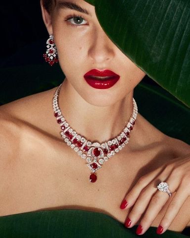 Bộ trang sức vòng cổ, hoa tai, nhẫn kim cương - đá Ruby/ Hồng ngọc BTS051