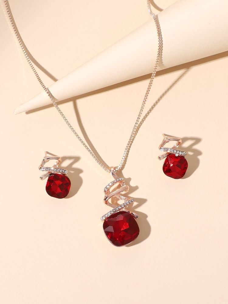 Set trang sức vòng cổ - hoa tai Đá Garnet đỏ (lớn)