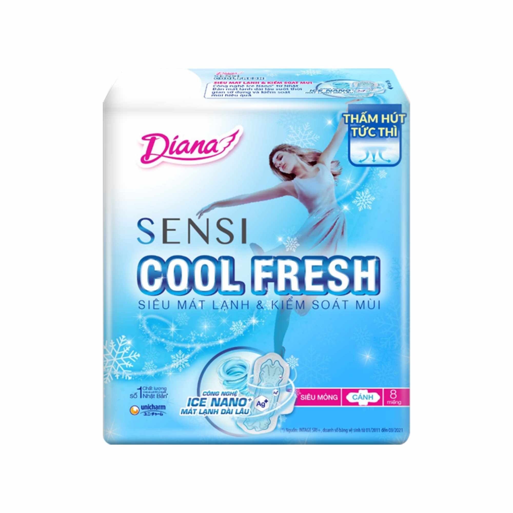 Băng vệ sinh Diana SenSi Cool Fresh mát dịu siêu mỏng cánh gói 8 miếng