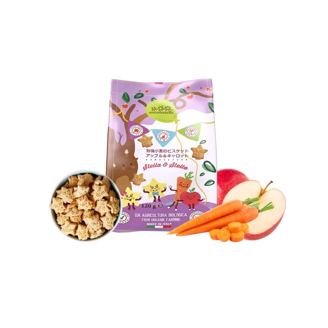 Bánh qui táo cà rốt hữu cơ Sottolestelle gói 120g (I0020332)