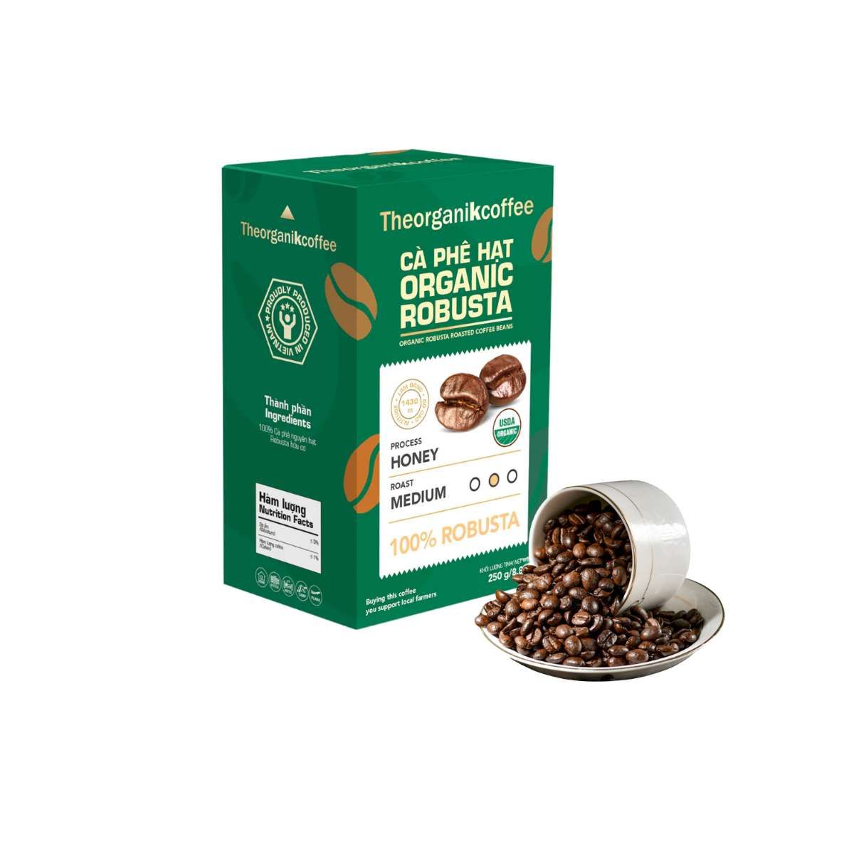 Cà phê Robusta hữu cơ rang mộc Theorganikcoffee dạng hạt - 250g