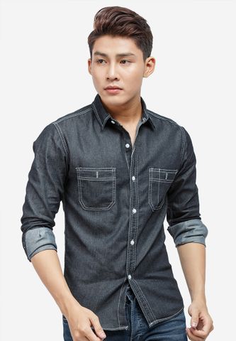 Áo sơ mi denim Titishop ADN35 màu đen tay dài