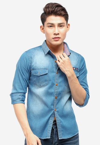 Áo sơ mi denim Titishop ADN32 xanh dương wash bạc