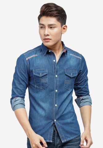 Áo sơ mi denim Titishop ADN36 tay dài phối túi nắp màu xanh dương đậm