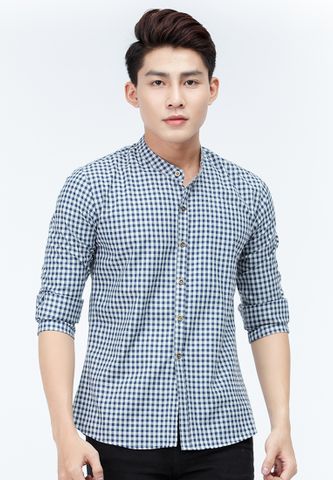 Áo sơ mi Titishop SM516 cổ trụ kẻ caro màu xanh navy