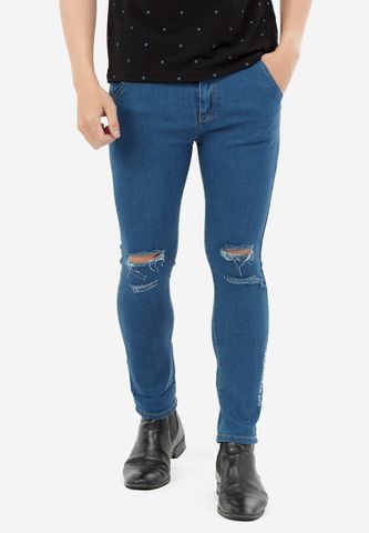 Quần Jeans Titishop QJ171 xanh dương rách gối phối thêu chữ