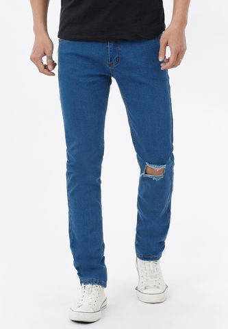 Quần jeans nam Titishop QJ176 màu xanh dương ống đứng rách gối