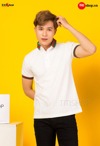 Áo Thun Cổ bẻ Titishop AT525 Trắng thêu Logo