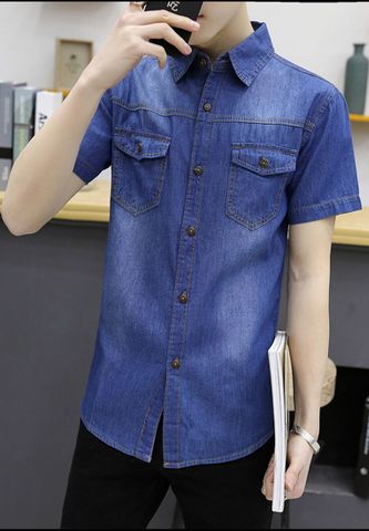 Áo sơ mi denim Titishop ADN45 tay ngắn XANH DƯƠNG