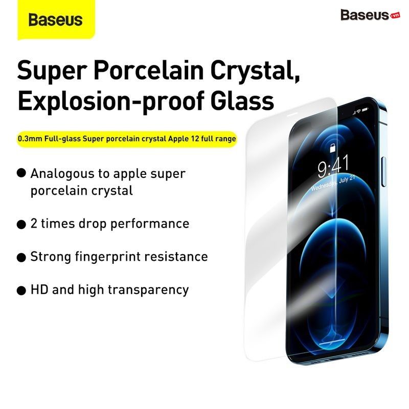 Kính cường lực dùng cho các dòng iPhone 12 Baseus 0.3mm Full-glass Super porcelain crystal Tempered Glass Film For iP 12 2020 (2 miếng/hộp)