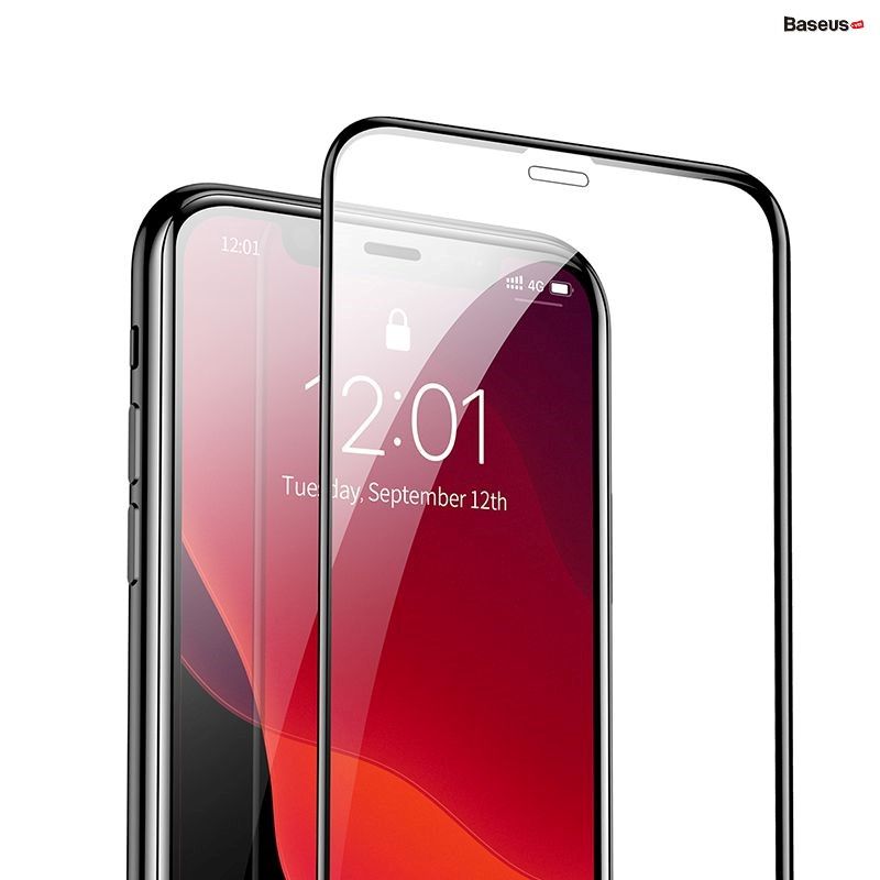 Kính cường lực 3D, 5 lớp chống trầy dùng cho iPhone 11/Pro/Pro Max Baseus Full-Screen and Full-glass Tempered Glass (0.3mm, full kính, full viền, Bộ 2 cái + Khung cố định hỗ trợ dán)