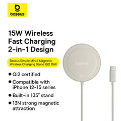 Đế Sạc Không Dây Baseus Simple Mini4 Magnetic Wireless Charger Qi2 15W (Magnetic Wireless Smart Charger Dùng Cho iPhone 12 13 14 15 Series Airpods 3 Android)