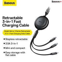 Cáp Sạc Dây Rút Thế Hệ Mới Baseus Bright Mirror 2 Series Retractable 3-in-1 Fast Charging Data Cable (USB to M+L+C 3.5A 1.1m)