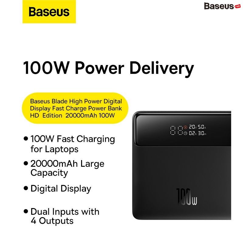 Pin Sạc Dự Phòng Laptop Baseus Blade High Power Digital Display Quick Charge Power Bank 20000mAh 100W (Sạc siêu nhanh, 4 cổng sạc Cx2 + USBx2, kèm cáp C to C, New Upgrade Version)