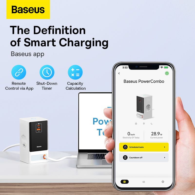 Bộ Sạc Nhanh Tích Hợp Dây Nguồn Nối Dài Baseus PowerCombo Digital PowerStrip 2AC+1U+1C+Retractable-C 65W Smart Version with 1.5m power cord EU