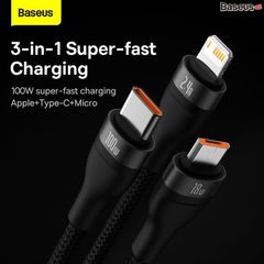 Cáp Sạc 3 Đầu Công Suất Cao 	Baseus Flash Series Ⅱ One-for-three Fast Charging Data Cable (USB to M+L+C 100W 1.2m)