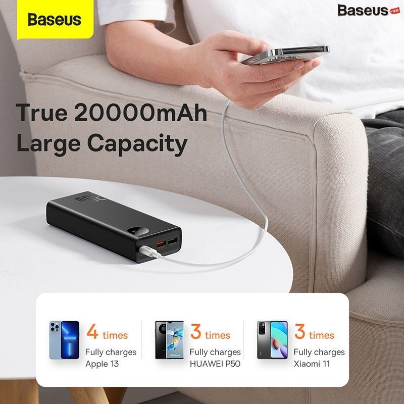 Pin Dự Phòng Sạc Nhanh Baseus Adaman Metal Digital Display 20000mAh 30W (Kèm Cáp C to C 60W/50cm, PD/QC Quick Charge Power Bank)