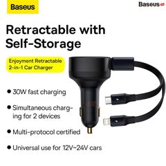 Tẩu Sạc Nhanh Kèm Cáp Dây Rút 2 Đầu Type C + Lightning Baseus Enjoyment Retractable 2 in 1 Car Charger 30W