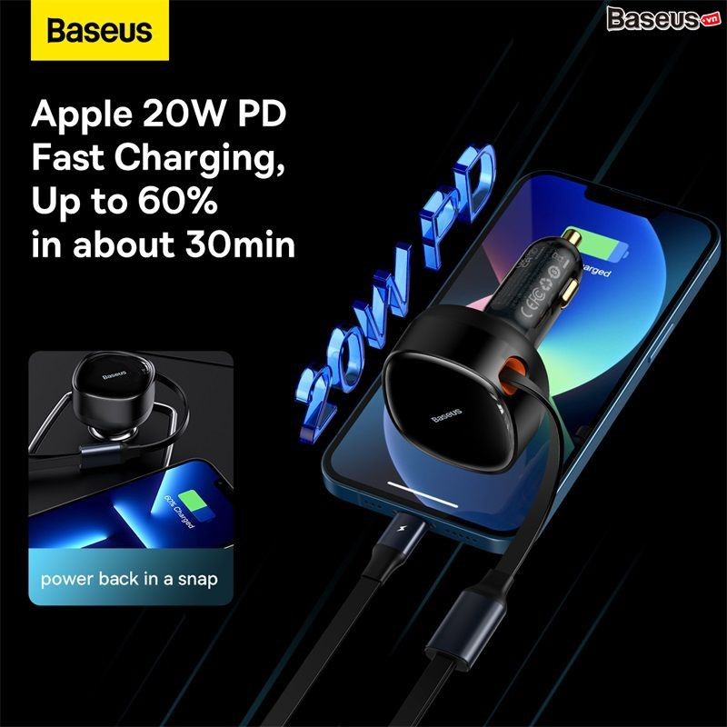 Tẩu Sạc Nhanh Kèm Cáp Dây Rút 2 Đầu Type C + Lightning Baseus Enjoyment Retractable 2 in 1 Car Charger 30W