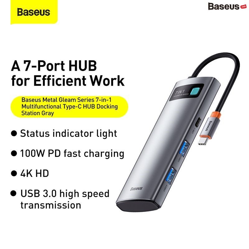 Hub chuyển đa năng Baseus Metal Gleam Series Multifunctional Docking Station cho Macbook/Laptop/Smartphone/Tablet/iPad (Type-C to HDMI/DP/VGA/USB3.1/USB3.0/LAN/SD Card Reader/Type C PD 100W, Multifunctional HUB)