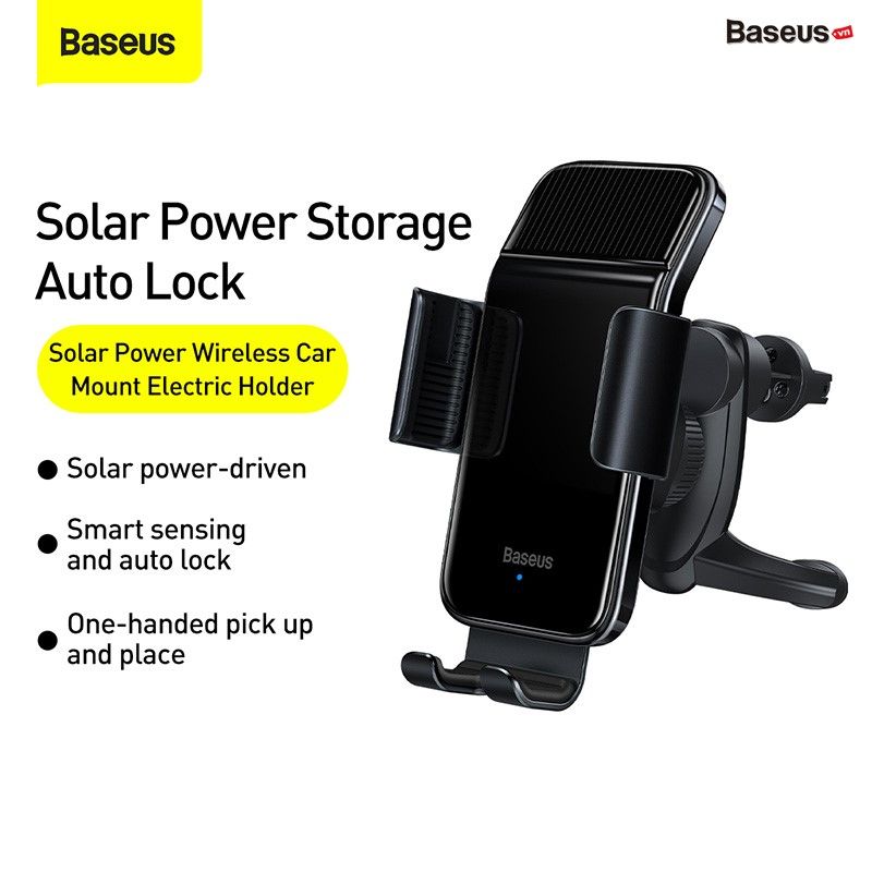 Đế giữ điện thoại cảm biến cho xe ô tô và xe máy Baseus Smart Solar Power Wireless Car Mount Electric Holder