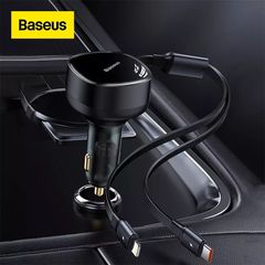 Tẩu Sạc Nhanh Kèm Cáp Dây Rút 2 Đầu Type C + Lightning Baseus Enjoyment Retractable 2 in 1 Car Charger 30W