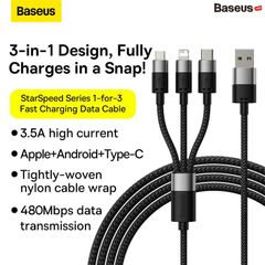 Cáp Sạc Đa Năng Baseus StarSpeed 1-for-3 Fast Charging Data Cable USB to Micro Lightning Type C 3.5A