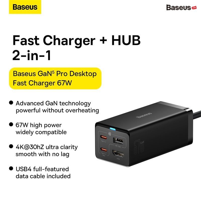 Củ Sạc Nhanh Kiêm Hub Mở Rộng Đa Năng 2 in 1 Baseus GaN5 Pro Desktop Fast Charger 1U+2C+HDMI 67W (HDMI, Type C*2, USB*2 PD/QC/SCP/FCP/AFC/PPS Quick Charger)