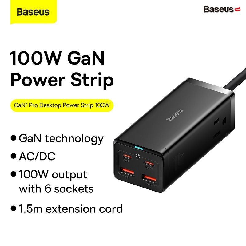 Bộ sạc nhanh tích hợp dây nguồn nối dài Baseus GaN3 Pro Desktop Powerstrip 6 in 1 100w (2AC+2U+2C, PD/QC/SCP/FCP/AFC/PPS Quick Charger)