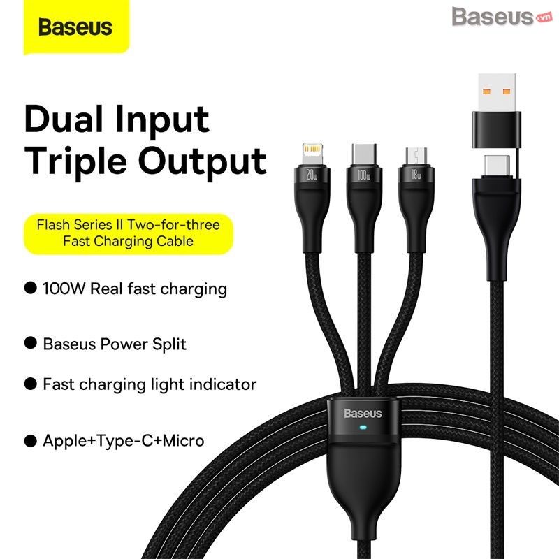 Cáp Sạc Nhanh Đa Năng 2 to 3 Baseus Flash Series Ⅱ 100W (USB + Type C to Type C + Lightning + Micro USB, 1.2m Fast Charge Cable)