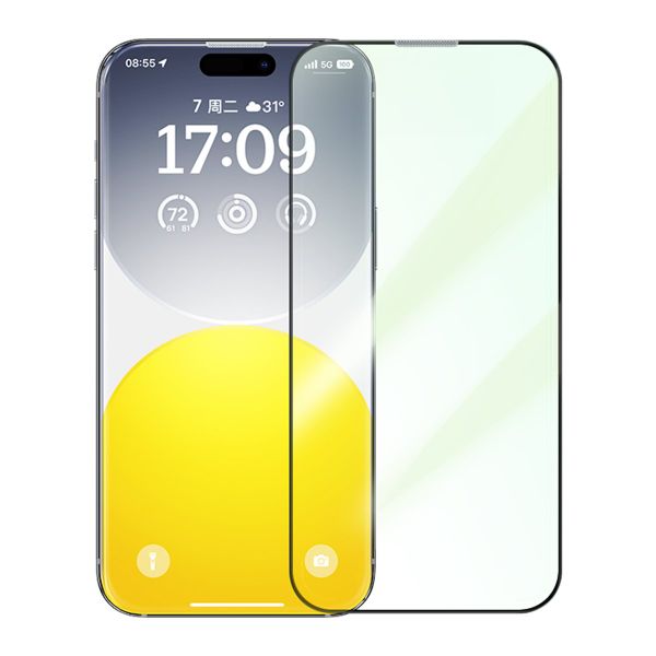 Kính Cường Lực Chống Ánh Sáng Xanh Baseus Corning Series Full-Coverage Eye-Protection Tempered Glass Screen Protector with Built-in Dust Filter for iP 15 Pro