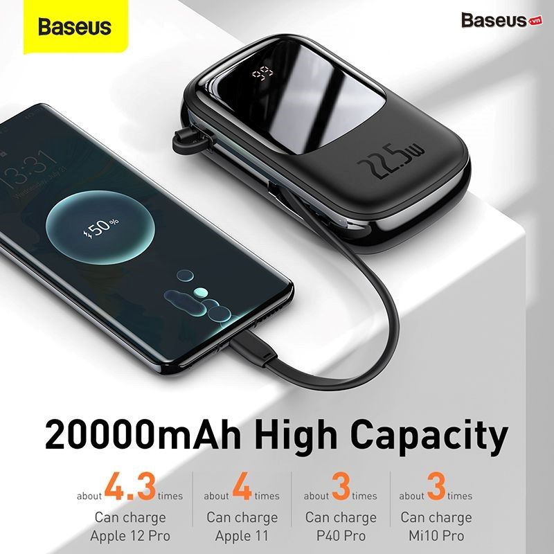 Pin sạc dự phòng sạc nhanh Baseus Qpow Digital Display 20000mAh (22.5W/5A, USB+Type C Port, QC/PD Quick Charging with Type C built-in Cable)