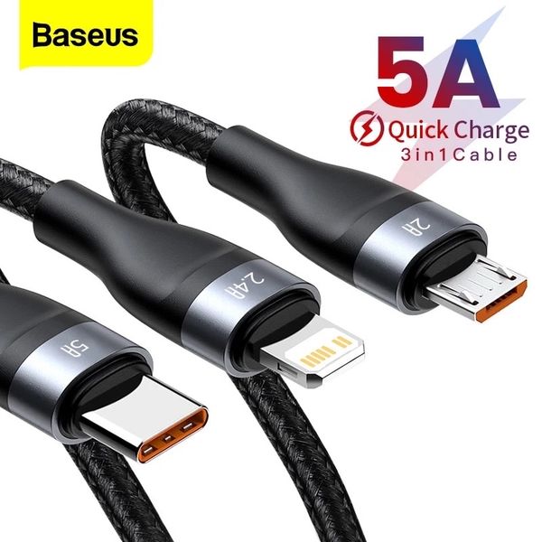 Cáp sạc nhanh 3 đầu Baseus Flash Series 3in1 (USB to Type C/Lightning/Micro, 5A/40W Quick Charging & Data Cable)